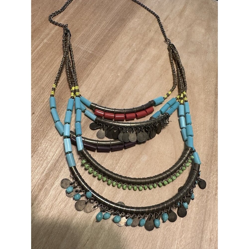 Boho Multicolored Seed Bead Layered Bib Necklace Antique Bronze Statement - Picture 2 of 6